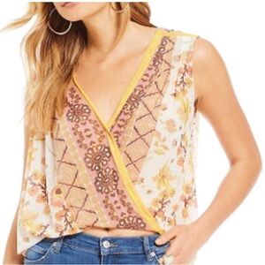 Free People blouse Havana orange yellow Floral Print Sleeveless Surplice-Large